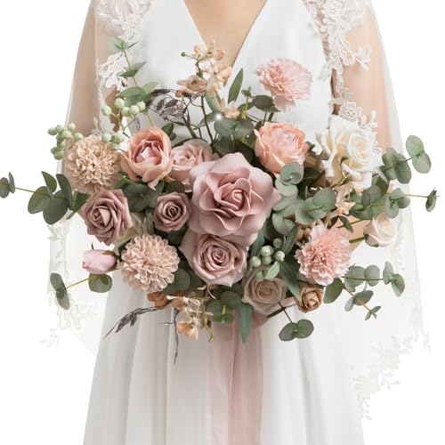 Ling's moment Dusty Rose Wedding Bouquets for Bride, Pink Bridal Bouquets for Bride, 13 Inch Free Form Artificial Wedding Flower Bouquet - color: Pk-dusty Rose & Cream(2026), size: Small 13 Inch