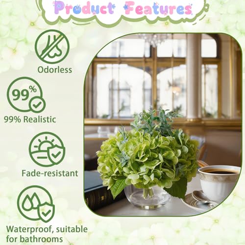 Green Hydrangea Artificial Flowers with Eucalyptus in Vase Fake Flowers Coffee Table Decor Real Touch Flowers with Faux Water for Home Decor - color: A-green