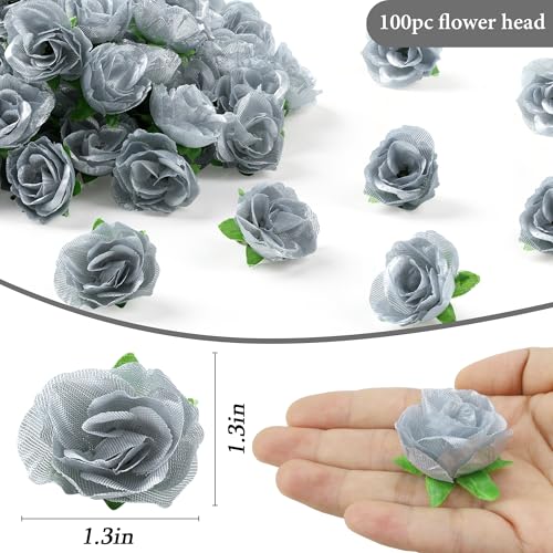 SITUMEIZI 100 Pcs 1.3 inches Mini Silver Rose Head Artificial Roses Fake Silk Silver Flower for Wedding Decor, Graduation Cap, Cake, DIY Flower Wall Mother's Day Home Party Decor - color: Silver