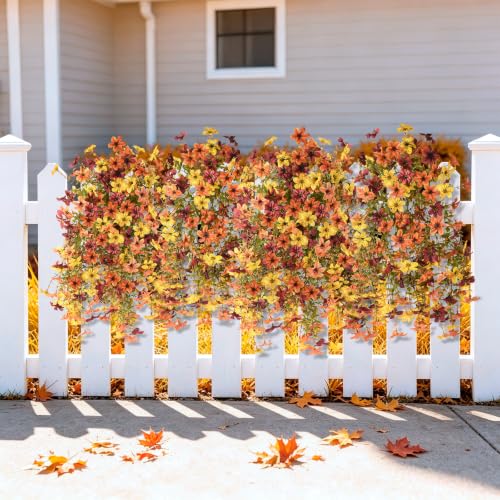 Homsunny Artificial Fake Mums Fall Flowers for Outdoor Decoration | 2 pcs artificial mums,16 branches tips per bunch,realistic and UV-resistant for outdoor use for front,porch,patio balcony - color: Orange Yellow Brown