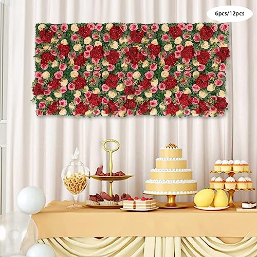 12 Pcs Artificial Flower Wall Panels Silk Dahlia Rose 3D Faux Flower Backdrop Panels Background Decorative for Wedding Celebrations Festive Party Home, 23.62 * 15.74in (Red-1) - color: Red-1