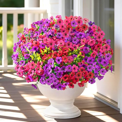 Artificial Flowers for Outdoors, 22 Bundles UV Resistant Fake Outdoor Flowers, Realistic Faux Outdoor Flowers for Decoration, Outside Fake Plants for Porch Garden Decor, Mixed Rose Red Purple - color: Mixed Purple, size: 22 Pack