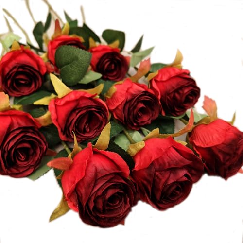 Artificial Roses 10 Pcs - Lifelike Single Stem Fake Roses with Natural Petal Texture,Fade-Resistant Silk Flowers for Wedding Decor,Home Vase Arrangements,Party Centerpieces(10, Red) - color: Red