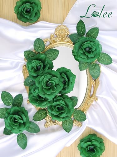 LELEE Rose Head Flowers with Stem - 108pcs Emerald Green Rose Artificial Flowers Bulk - Silk Roses Fake Flower for Wedding Bouquet Party Home Decor DIY Centerpieces Tables St Patrick's Day Decoration - color: Green