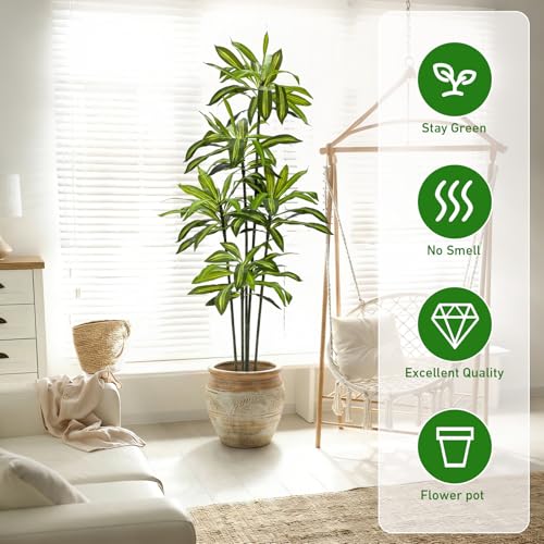 Giegxin 2 Pack 6 FT Artificial Dracaena Tree, Indoor Fake Tree with Black Stable Planter, Natural Wood Trunk & Lifelike Leaves Dracaena Plants for Home Living Room Porch Office Housewarming Gift - size: 6 ft