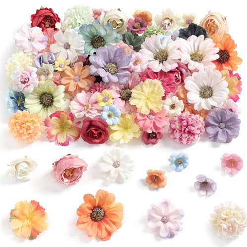 rongflower Faux Flower Heads Mini Multi Color Artificial Flower Heads Fake Peony Daisy Rose Flowers Multicolor Small Silk Daisy Flower Heads for Craft Garland Wedding Party DIY Home Decoration,2-4 cm - color: Multi Color