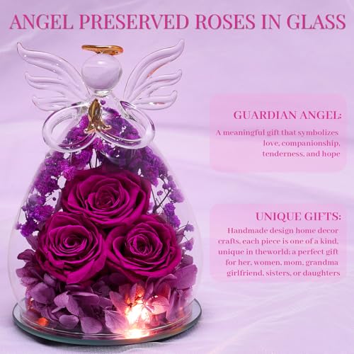 Beferr Gifts for Mom Birthday Gifts for Women, Fresh Flowers for Delivery Forever Preserved Rose in Glass Angel Figurine, Anniversary Christian Real Rose for Grandma Wife Mother from Daughter Son - color: A Purple-p