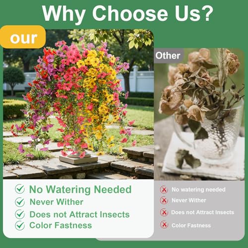 6 Bundles Artificial Flowers for Outdoors, UV Resistant Fake Hanging Flower, Realistic Silk Flowers for Indoor Outside Garden Patio Balcony Farmhouse Porch (Fuchsia, Red, Purple, Yellow) - color: 4 Multicolor