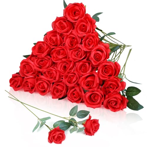 30pcs Red Roses Artificial Flowers, Fake Silk Roses with Stems in Bulk, Faux Roses for Anniversary Valentine's Day Birthday Gifts Wedding Bridal Bouquets Centerpiece Party Home Decor - color: Red