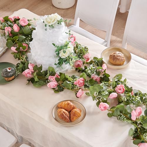 PONKING Flower Garland Artificial Rose Vine Flowers Hanging Fake Roses Vines for Wedding Birthday Party Valentines Christmas Room Wall Arch Decor, 2 Pink Floral Garland Decorations - color: 2" Flower Pink Vines 5.4ft