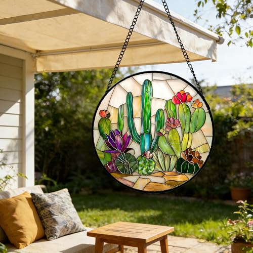 DASTOLL Stained Glass Window Hanging, White Green Cactus Suncatcher Diamond Glass Panel Hangings Sun Catchers Decor for Birthday for Women, Men, Wife, Aunt, and Mom 7.8 in - color: Green, size: 7.8x7.8 IN