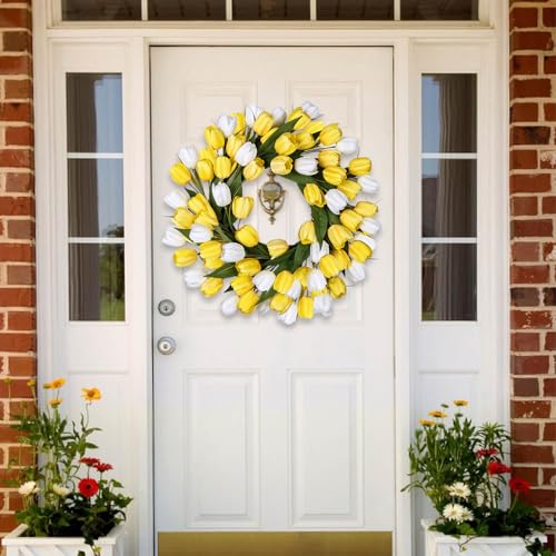 24 Inch Tulip Summer Wreath for Front Door Spring Silk Wreath with Green Leaves Artificial Tulip Flower Wreaths for All Seasons Farmhouse Porch Wall Living Room Home Widding Decor-Yellow - color: Yellow