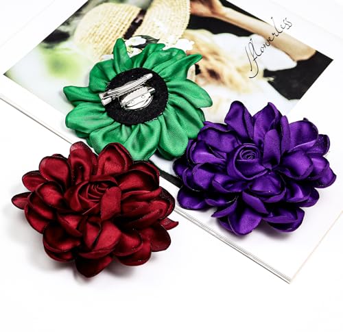 Dainty Satin Rose Flower Brooch Pins for Women Delicate Large Camellia Pins Shawl Clips Duckbill Clips Wedding Prom Banquet Party Jewelry Gift - color: Purple