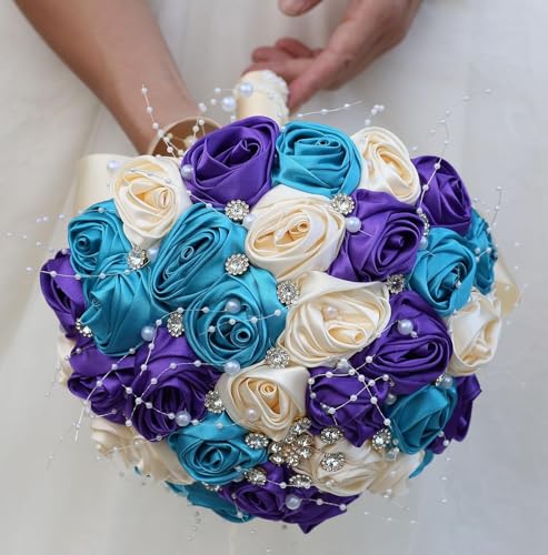 Ujicde Romantic Wedding Bouquet Bridal Bridesmaid Round Bling Brooch Bouquet Throw Toss Artificial Rose Flower Bunch with Sparkle Rhinestone Crystal Decoration(Blue Purple+Cream,Dia. 6.3"*16cm) - color: Blue Purple+cream, size: Dia. 6.3"*16cm