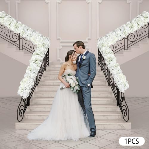 Artificial Silk Flowers Row, 3.28FT White Rose Panel Backdrop - Fake Flower Vine Garland for Wedding Arch, Door Arrangement, Party Wall Decor, Indoor/Outdoor