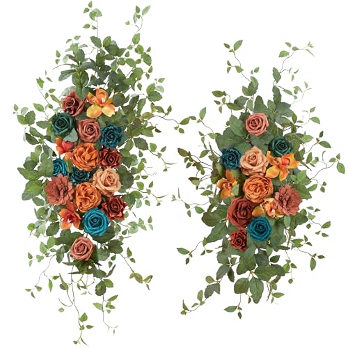 Ting's time Wedding Arch Flower Pack of 2 Artificial Silk Large Flower Swag Wedding Arches for Ceremony Reception Backdrop Floral Decor for Fall Wedding Party Ceremony（Teal& Orange） - color: Teal& Orange