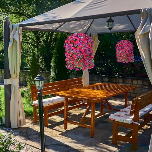 INXUGAO Artificial Flowers with Hanging Basket, Outdoor Faux Plants Silk Morning Glory Vines, Fake Green Arrangement for Garden Patio Spring Summer Decor(4pcs,Hot Pink Purple) - color: Hot Pink Purple