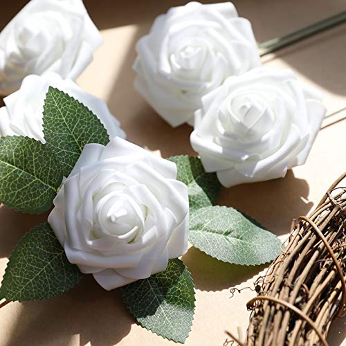 AmyHomie Artificial Flower White Rose 25pcs Real Looking Fake Roses w/Stem for DIY Wedding Bouquets Centerpieces Arrangements Party Baby Shower Valentines Day Christmas Tree Decorations - color: White