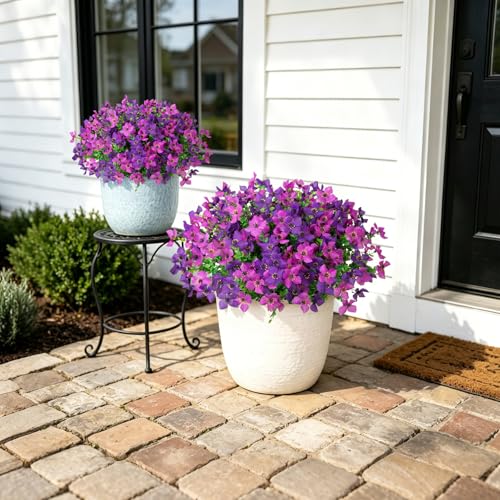 INXUGAO Artificial Faux Plants Flowers Outdoor Spring Summer Decoration, 12 Bundles Fake Silk Colorful Daisy Eucalyptus Realistic UV Resistant for Outside Home Planter Porch Patio Yard Decor (Purple) - color: Double Lotus B