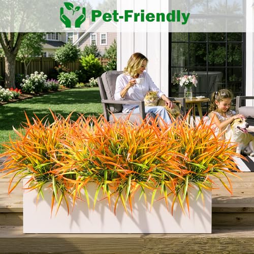 Uieke 6 Bundles Artificial Outdoor Plants UV Resistant Fake Grass Plants Faux Plastic Plants Greenery Shrubs for Home Garden Pathway Window Box Front Porch Summer Fall Decor, Autumn Orange - color: Orange Yellow, size: 6
