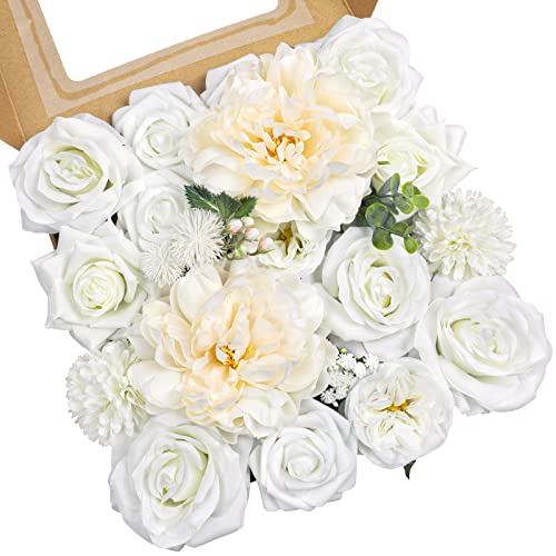 AmyHomie White Artificial Flowers Combo Silk Mix Peony Rose Hydrangea Daisy Fake Flowers w/Stem for DIY Wedding Bouquets Centerpieces Arrangements Table Decor Party Bridal Baby Shower Home Decor - color: Charming White
