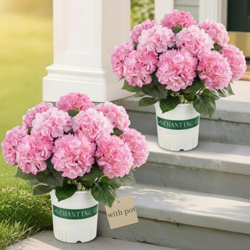 Suncalla 2 Pack Artificial Hydrangea Flowers in Pot, 20 Inch Faux Silk Hydrangea Arrangement, Gradient Purple Potted Fake Flowers for Table Centerpiece, Home, Wedding, Entryway Decor(Pink) - color: Pink