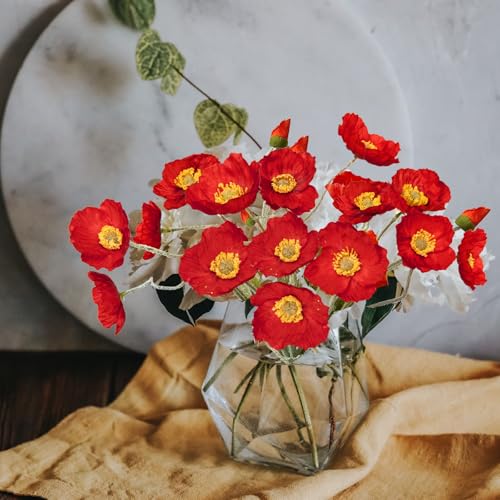 Artificial Flowers 5Pcs Poppies Flowers Artificial Silk Flowers for Home Office Wedding Outdoor Decor (Red) - color: Red