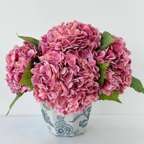 YalzoneMet 3 pcs Real Touch Hydrangea Artificial Flowers, 21" Dark Pink Large Long Stems Wedding Centerpiece Fake Flowers Heads Lifelike Thicks for Home Decor Party DIY Bridal Bouquet Table - color: Rose Red Magenta