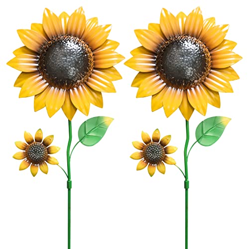 YEAHOME Garden Decor for Outside, 2 Pack 22.4“ Sunflower Garden Stakes Spring Decor, Metal Flowers with Shaking Head Yard Art for Outdoor Yard Lawn Patio Decoration - color: Yellow