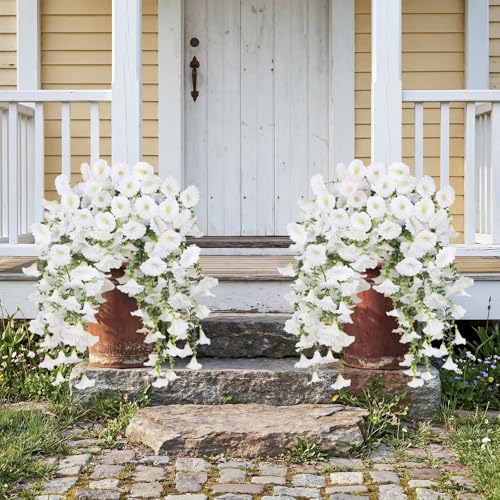 6PCS Morning Glory Artificial Flowers for Outdoor, UV Resistant Fake Plastic Plants Artificial Greenery for Indoor Outdoor Garden Basket Patio Window Home Decor(White) - color: White