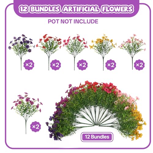 Artificial Flowers Faux Plants for Outdoor, 12 Bundles Realistic Silk Artificial Daisy with Eucalyptus, UV Resistant Fake Flower Plants for Outside Front Porch Garden Patio Decor (Mix-6 Colors) - color: Mix-6 Colors
