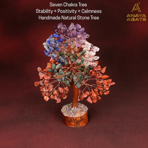ANAYA AGATE 7 Chakra Crystal Tree of Life w/Healing Necklace & Chakra Bracelet - Gemstone Money Bonsai Trees for Women,Crystal & Healing Stone, Tree for Home, Office, LivingRoom Decor - color: Seven Chakra Copper Wire