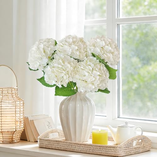 Real Touch White Hydrangea Artificial Flowers with Stems, Fake Silk Flowers for Outdoors, 3 Pcs Artificial Flowers for Home Decor Wedding Bouquets Centerpieces Vase - color: White, size: 3 Pcs