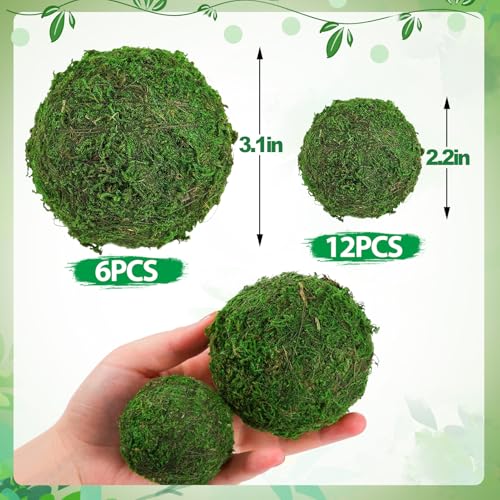 Biubee 18 Pack Decorative Faux Dried Moss Balls- 6pcs 3.1" Artificial Green Plant Mossy Globes+ 12pcs 2.2" Handmade Sphere Moss Gift for Home Dough Bowl Vase Chinoiserie Decors Party Wedding Display - size: S/L(18pcs)