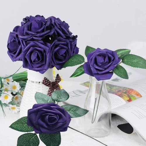 Higfra Artificial Flowers 50 Stems Realistic Roses - Lifelike Fake Flowers for Wedding Bouquets, Baby Shower Decor, Home Centerpieces, DIY Floral Arrangements (Dark Purple, 50Pcs) - color: Dark Purple, size: 50Pcs