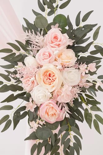 Deluxe Wedding Arch Flowers with Drapes Kit Pack of 4, 2pcs Champagne & Pink Hanging Silk Flowers Arrangement 2pcs Chiffon Drapes for Ceremony Arbor Party Outdoor Decor - color: Champagne & Pink