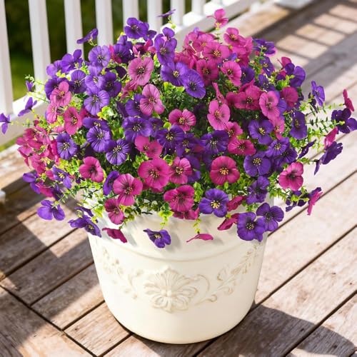 Artificial Fake Pansy Flowers for Outdoor, 12 Pcs Faux Silk Pansies Flower for Spring Summer Decoration, UV Resistant Fake Plants for Outside Planter Porch Yard Patio Home Decor(Purple Rose Red) - color: Deep Purple Rose Red