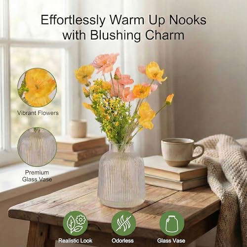 20pcs Artificial Poppy Flowers - Fake Flowers in Vase Silk Decor. Artificial Flowers All-in-One with Clear Glass Vase for Home, Office, Living Room & Table Decor - color: Pinkish Yellow