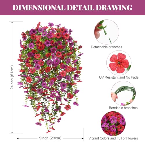 Artificial Fake Hanging Flowers Plants for Outdoor , 4PCS Faux Silk Daisy No Fade Spring Summer Decoration UV Resistant Realistic Plants plastic Flowers for Porch Patio Balcony Yard Decor(Purple Red) - color: Purplered