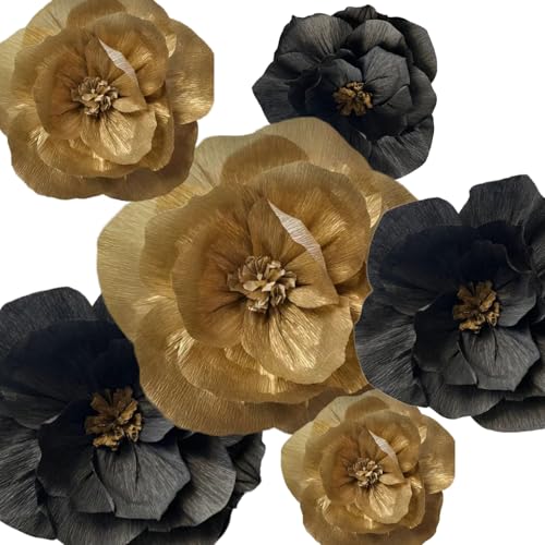BRT Bearingshui Crepe Paper Flowers Decoration for Wall Total 6 Pcs, Artificial Flowers for Wedding Decor,Flower Backdrop Decor, Baby Bridal Shower Birthday Party, Black Gold 3D Wall Flowers Decor - color: Gold Black