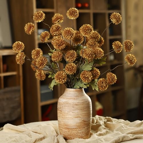 DuHouse 6pcs Artificial Flowers Faux Silk Pompon Mum,Silk Small Mini Chrysanthemum Ball with Stems for DIY Bouquets Centerpieces Vase Home Table Kitchen Decorations(Vintage Yellow) - color: Vintage Yellow, size: 6pcs