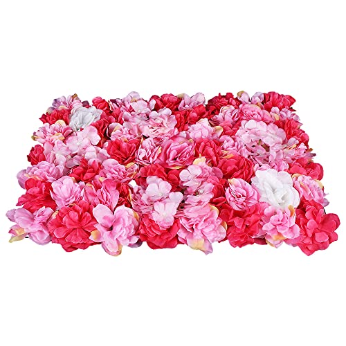 12 Pcs Artificial Flower Wall Panels 60x40cm 3D Flower Background for Wall, Wedding Flower Decorations Wall Silk Rose Panels for Photo Areas, Stage, 24 x16inch (Dahlia + Rose + Hydrangea) - color: 12 Pcs Rose Red Deep Powder