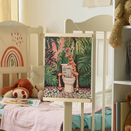 Nrleey Funny Bathroom Poster Hanger Frame - Giraffe Tropical Wall Art with Wooden Poster Hanger, Giraffe Art Decor, Funny Animal Bathroom Wall Art Decor, 12x16 Inches - color: Giraffe