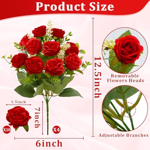TURNMEON 40 Heads Fake Roses Artificial Flowers for Outdoors Summer Decor, 4 Bouquets UV Resistant Fake Flower Bouquet Faux Silk Roses for Wedding Birthday Party Home Indoor Cemetery Decor(Red) - color: Red
