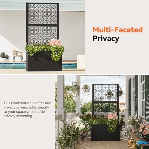 Modern Shade Metal Planter Box with Trellis Privacy Screen, 6x3 FT Large Raised Garden Bed, Multi-Functional Privacy Screen Outdoor with Drainage Holes for Climbing Plants, Petal Weave - size: 1 PC (Petal Weave) with Planter Box
