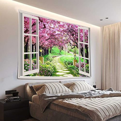 Japanese Cherry Blossom Window Tapestry - Tree Forest Path Pink Flowers Botanical Floral Natural Landscape Aesthetic for Living Room Bedroom Nursery Home Decor 60x40Inches - color: Wiht window pattern, size: 60"L x 40"W