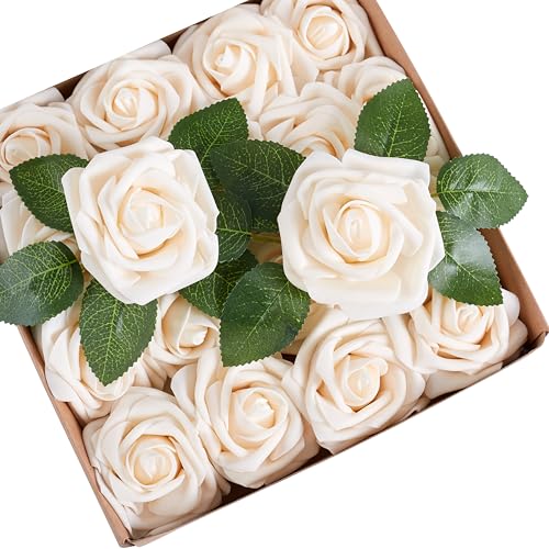16 Pcs Fake Champagne Roses Artificial Flowers | Champagne Foam Roses with Stems, Artificial Flowers for DIY Wedding Bouquets, Centerpieces, Party, Home Decor - color: Champagne Flower