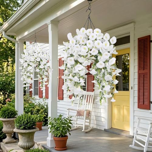 6PCS Morning Glory Artificial Flowers for Outdoor, UV Resistant Fake Plastic Plants Artificial Greenery for Indoor Outdoor Garden Basket Patio Window Home Decor(White) - color: White