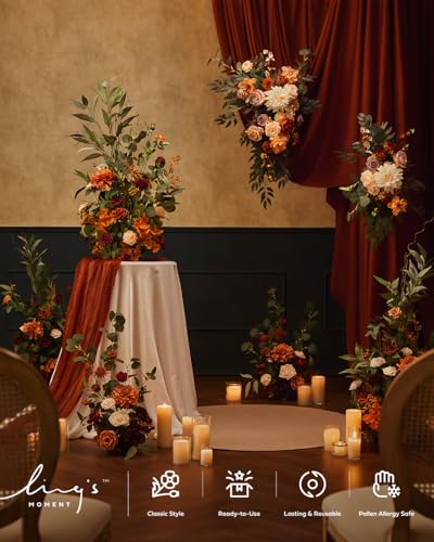 Ling's moment 17.5" Tall Standing Artificial Flowers Arrangements 4pcs Fall Wedding Aisle Runner Chair Decorations Sunset Terracotta Centerpieces Ceremony Reception Rose Floral Party Outdoor - color: Or-sunset Terracotta
