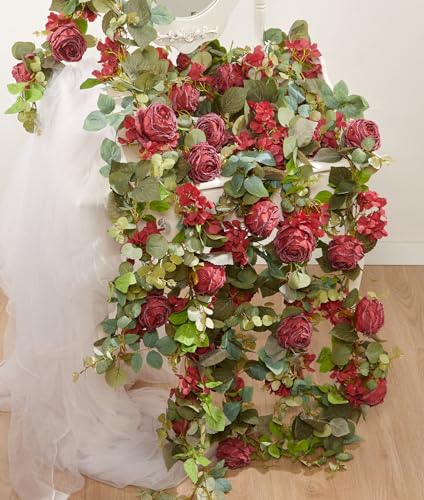 PONKING Flower Garland Artificial Rose & Hydrangea Vine Hanging Fake Flowers Vines for Wedding Birthday Party Valentines Christmas Room Wall Arch Decor, 1 Rose & 1 Hydrangea Red Floral Garland - color: Large Rose & Hydrangea Red Vines 5.4ft